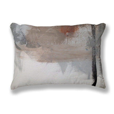 An abstract rectangular throw pillow featuring a textured painting print in shades of gray, beige, white, and a small rust-orange accent, with a black stripe along the right side.