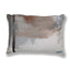 An abstract rectangular throw pillow featuring a textured painting print in shades of gray, beige, white, and a small rust-orange accent, with a black stripe along the left side and a blue ‘Darin’ signature in the bottom right corner.