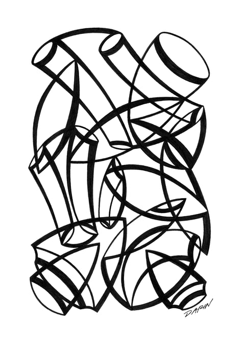 Black and white abstract pen‑and‑ink drawing with optical‑illusion shapes, featuring overlapping tubular, cylindrical, and arrowhead shapes.