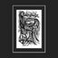 Black and white surreal pen‑and‑ink illustration with symbolic and geometric elements, featuring stylized fish, tentacles, a seal, and seaweed; mounted and matted in black.