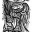 Black and white surreal pen‑and‑ink illustration with symbolic and geometric elements, featuring stylized fish, tentacles, a seal, and seaweed.