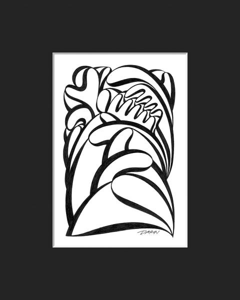 Black and white abstract pen‑and‑ink drawing with optical‑illusion, finger-like shapes, matted in black.