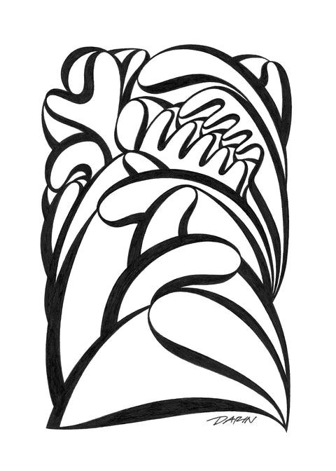 Black and white abstract pen‑and‑ink drawing with optical‑illusion, finger-like shapes.