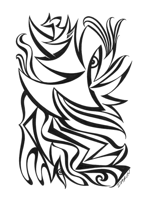 Black and white abstract pen‑and‑ink drawing with optical‑illusion shapes, featuring eye motifs and a stylized fox-like animal.
