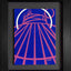 A stylized abstract painting of a tent-like structure with radiating pink lines and a white arc on a vivid blue background; signed 'DARIN' in the lower-right, mounted on a gray mat and framed in black. 