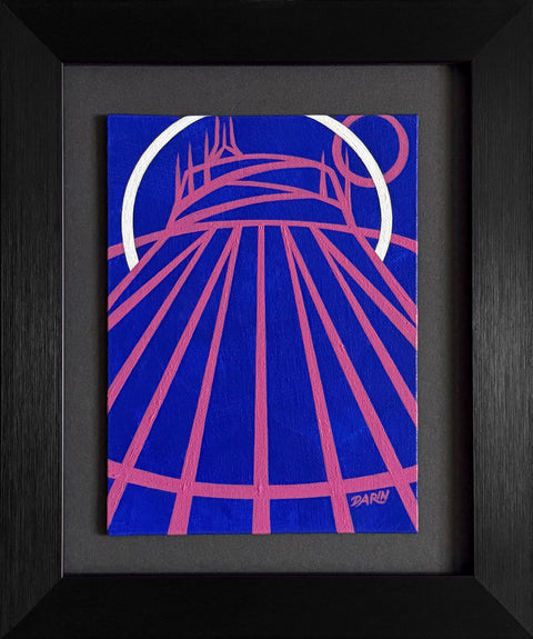A stylized abstract painting of a tent-like structure with radiating pink lines and a white arc on a vivid blue background; signed 'DARIN' in the lower-right, mounted on a gray mat and framed in black. 