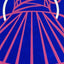 A stylized abstract painting of a tent-like structure with radiating pink lines and a white arc on a vivid blue background; signed 'DARIN' in the lower-right.
