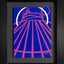 A stylized abstract painting of a tent-like structure with radiating pink lines and a white arc on a vivid blue background; signed 'DARIN' in the lower-right, mounted on a gray mat and framed in black. 