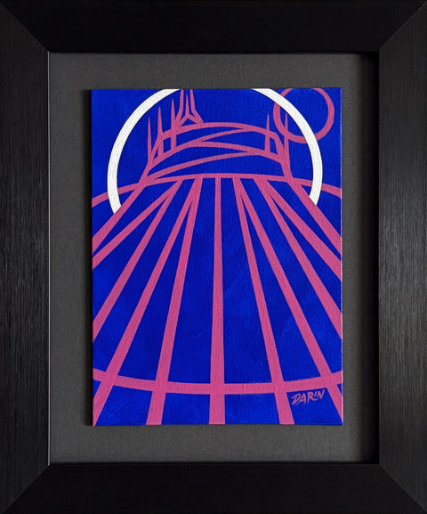 A stylized abstract painting of a tent-like structure with radiating pink lines and a white arc on a vivid blue background; signed 'DARIN' in the lower-right, mounted on a gray mat and framed in black. 