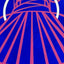 A stylized abstract painting of a tent-like structure with radiating pink lines and a white arc on a vivid blue background; signed 'DARIN' in the lower-right. 