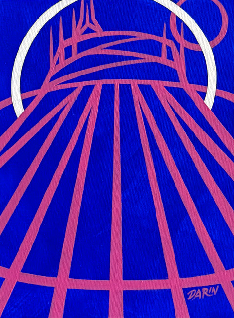 A stylized abstract painting of a tent-like structure with radiating pink lines and a white arc on a vivid blue background; signed 'DARIN' in the lower-right. 