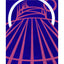A stylized abstract painting of a tent-like structure with radiating and zig-zag pink lines and a white arc on a vivid blue background; signed 'DARIN' in the lower-right, with a white border.