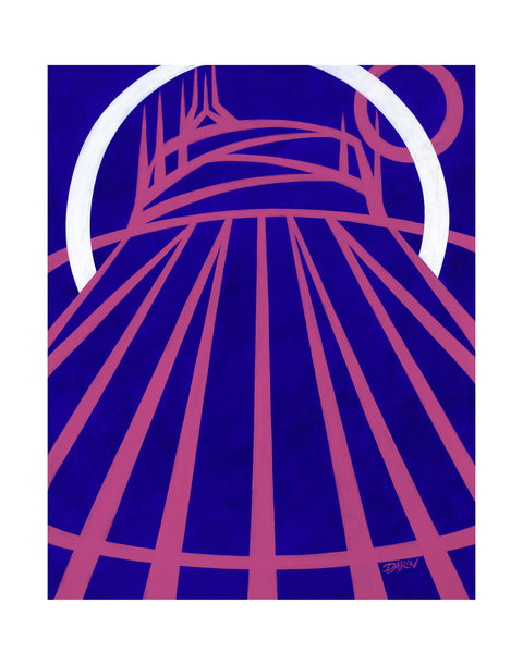 A stylized abstract painting of a tent-like structure with radiating and zig-zag pink lines and a white arc on a vivid blue background; signed 'DARIN' in the lower-right, with a white border.