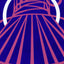 A stylized abstract painting of a tent-like structure with radiating and zig-zag pink lines and a white arc on a vivid blue background; signed 'DARIN' in the lower-right.