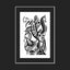 Black and white surreal pen‑and‑ink illustration with symbolic and geometric elements, featuring characters, music notes, a pen nib, boom box, spade, eel-like figures, and eyes; mounted and matted in black.