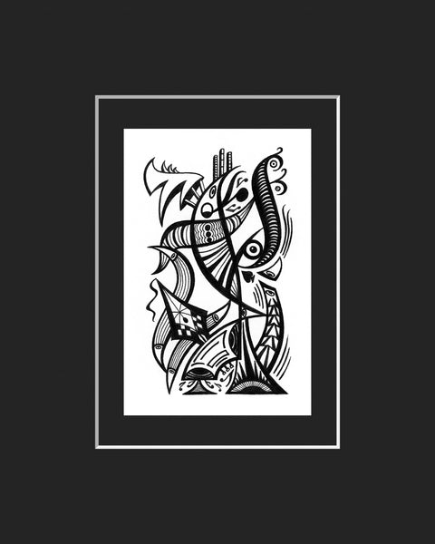 Black and white surreal pen‑and‑ink illustration with symbolic and geometric elements, featuring characters, music notes, a pen nib, boom box, spade, eel-like figures, and eyes; mounted and matted in black.