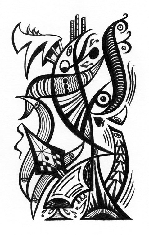Black and white surreal pen‑and‑ink illustration with symbolic and geometric elements, featuring characters, music notes, a pen nib, boom box, spade, eel-like figures, and eyes.
