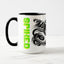 White ceramic coffee mug with a black handle and black interior, featuring a wrap‑around print of the artwork titled “Spiked.“