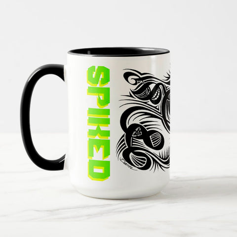 White ceramic coffee mug with a black handle and black interior, featuring a wrap‑around print of the artwork titled “Spiked.“