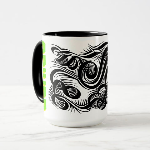 White ceramic coffee mug with a black handle and black interior, featuring a wrap‑around print of the artwork titled “Spiked.“