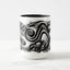 White ceramic coffee mug with a black handle and black interior, featuring a wrap‑around print of the artwork titled “Spiked.“