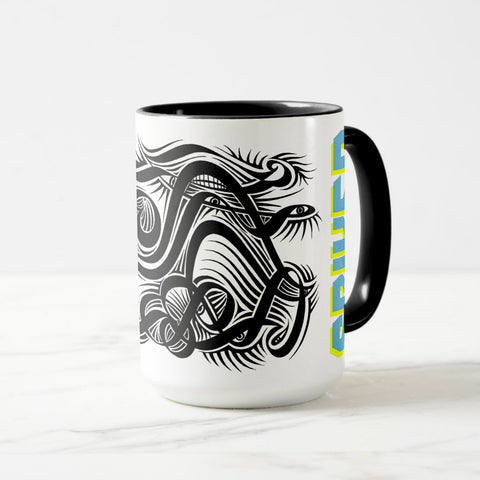 White ceramic coffee mug with a black handle and black interior, featuring a wrap‑around print of the artwork titled “Spiked.“