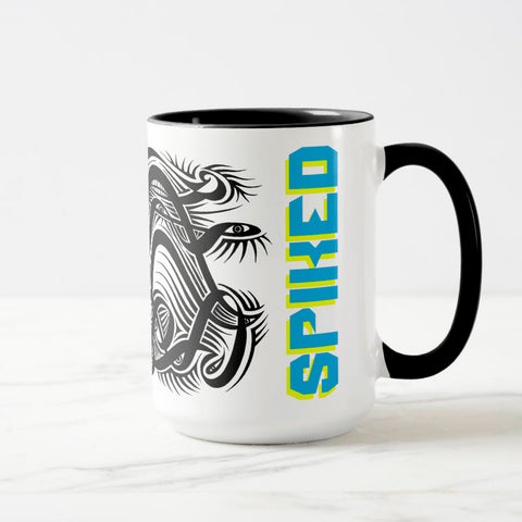 White ceramic coffee mug with a black handle and black interior, featuring a wrap‑around print of the artwork titled “Spiked.“