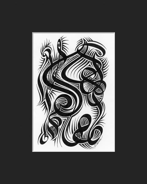Black and white surreal pen‑and‑ink illustration with symbolic and geometric elements, calligraphic lines and eye motifs; matted in black.