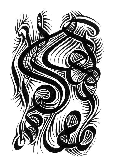 Black and white surreal pen‑and‑ink illustration with symbolic and geometric elements, calligraphic lines and eye motifs.