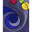 Abstract painting featuring a swirling cosmic design of dark purple lines with a large dark blue spiral over purple and gray, with three planet-like spheres in red, green, and yellow; signed 'Darin' in the lower-right, with a white border.