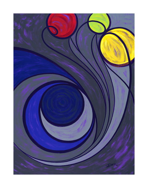 Abstract painting featuring a swirling cosmic design of dark purple lines with a large dark blue spiral over purple and gray, with three planet-like spheres in red, green, and yellow; signed 'Darin' in the lower-right, with a white border.