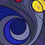 Abstract painting featuring a swirling cosmic design of dark purple lines with a large dark blue spiral over purple and gray, with three planet-like spheres in red, green, and yellow; signed 'Darin' in the lower-right.