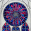 An abstract stained-glass-inspired painting of a circular rose window with blue, purple, and pink sections divided by gray lines, with smaller matching arches below on a light gray textured background; signed 'Darin' on the lower-right.