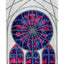 An abstract stained-glass-inspired painting of a circular rose window with blue, purple, and pink sections divided by gray lines, with smaller matching arches below on a light gray textured background; signed 'Darin' on the right, with a white border.