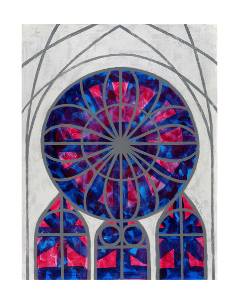 An abstract stained-glass-inspired painting of a circular rose window with blue, purple, and pink sections divided by gray lines, with smaller matching arches below on a light gray textured background; signed 'Darin' on the right, with a white border.
