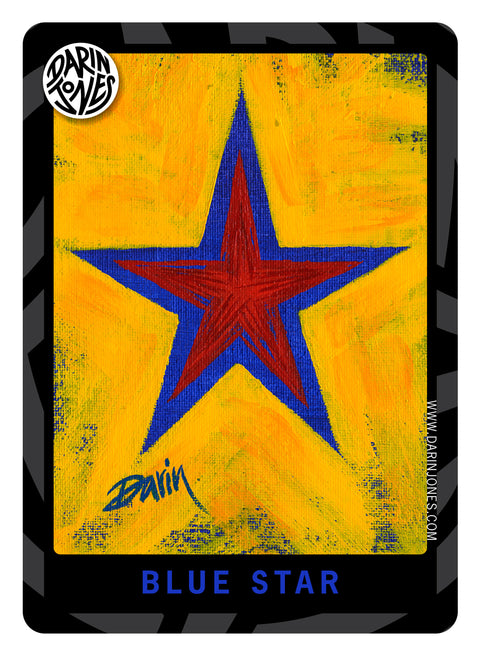A painted stylized blue outline of a red star on a textured yellow background, with the title 'BLUE STAR' at the bottom, a black and gray design border, the DARIN JONES logo in the upper left, and website on the right.