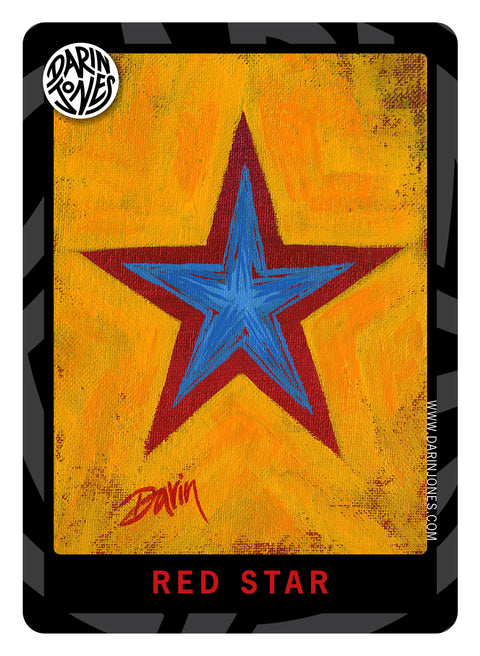A painted stylized red star outline of a blue star on a textured yellow-orange background, the title 'RED STAR' at the bottom, a black and gray design border, the DARIN JONES logo in the upper left, and website on the right.