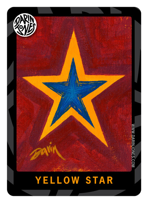 A painted red background with a large yellow star outline around a blue star, with the text 'YELLOW STAR' at the bottom, a black and gray design border, the DARIN JONES logo in the upper left, and website on the right.