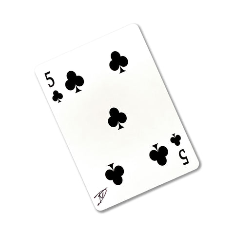 Back of the playing card showing the 5 of clubs with a hand‑signed signature ‘DJ’ in black ink.