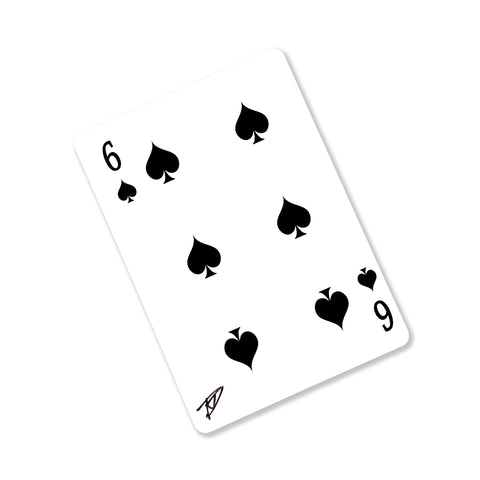 Back of the playing card showing the 6 of spades with a hand‑signed signature ‘DJ’ in black ink.