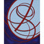 Abstract geometric painting featuring intersecting red curvilinear lines over a light and navy blue background; signed 'Darin' in the lower-right, with a white background.
