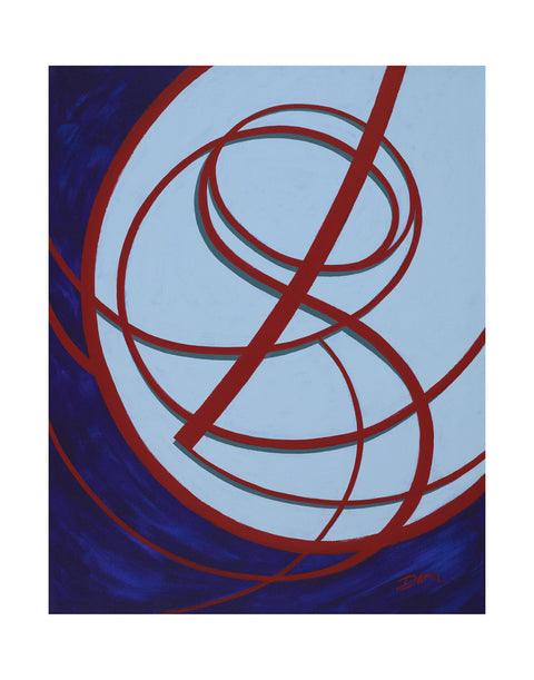 Abstract geometric painting featuring intersecting red curvilinear lines over a light and navy blue background; signed 'Darin' in the lower-right, with a white background.