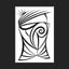 Black and white abstract pen‑and‑ink drawing with optical‑illusion shapes in the form of a head and hair, matted in black.