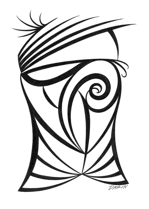 Black and white abstract pen‑and‑ink drawing with optical‑illusion shapes in the form of a head and hair.
