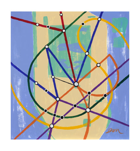 Abstract geometric painting of intersecting blue, green, red, orange, purple, and yellow subway-like lines with white and black dots at intersections on a light blue, green, and beige background, signed 'Darin' in the lower-right, with a white border.