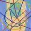 Abstract geometric painting of intersecting blue, green, red, orange, purple, and yellow subway-like lines with white and black dots at intersections on a light blue, green, and beige background, signed 'Darin' in the lower-right.
