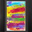 Abstract textured painting with layered brush and palette-knife strokes in yellow, red, purple, blue, green, and orange; matted and framed in black.