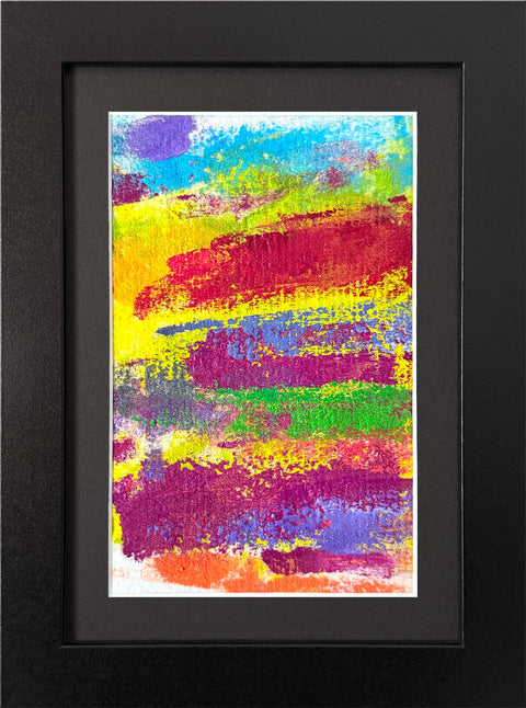 Abstract textured painting with layered brush and palette-knife strokes in yellow, red, purple, blue, green, and orange; matted and framed in black.