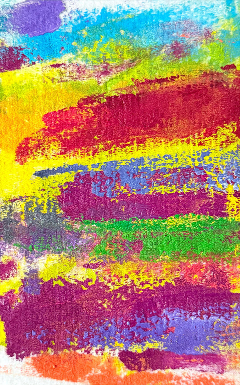 Abstract textured painting with layered brush and palette-knife strokes in yellow, red, purple, blue, green, and orange.