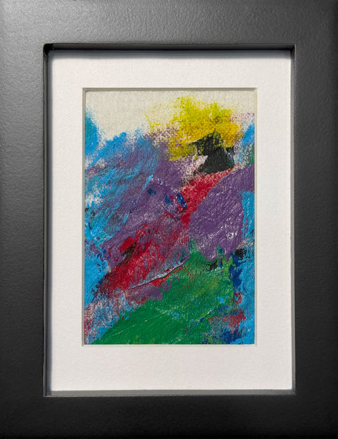 Abstract textured painting with layered brush and palette-knife strokes in blue, purple, yellow, black, red, and green; matted in white and framed in black.